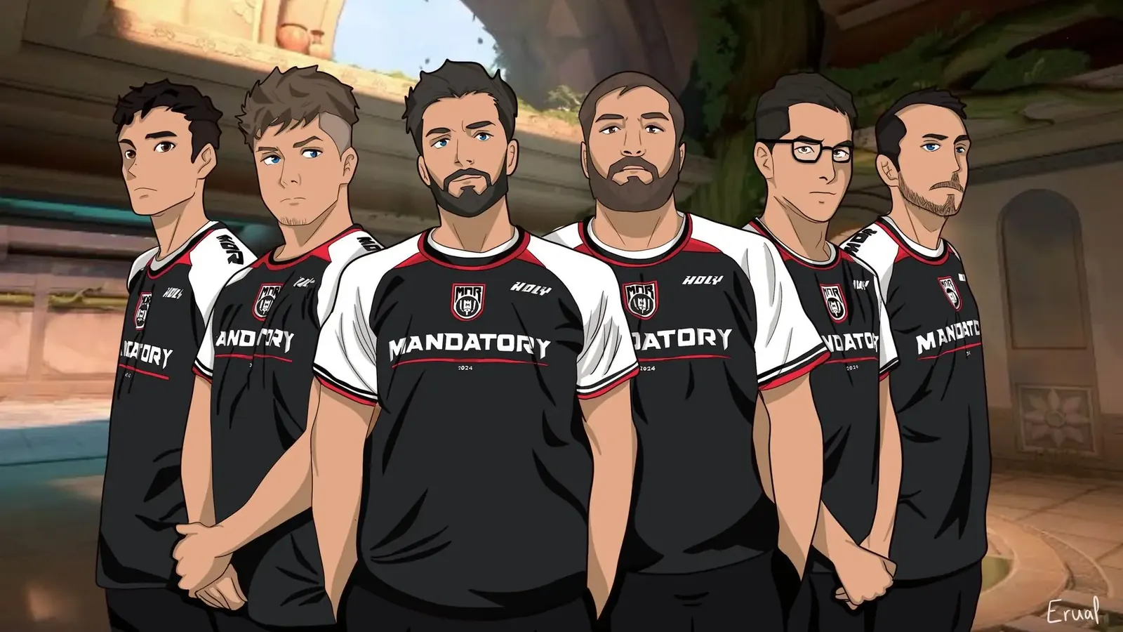 Fan-art numérique représentant l'équipe Mandatory.GG, réalisé par un membre des Hammers